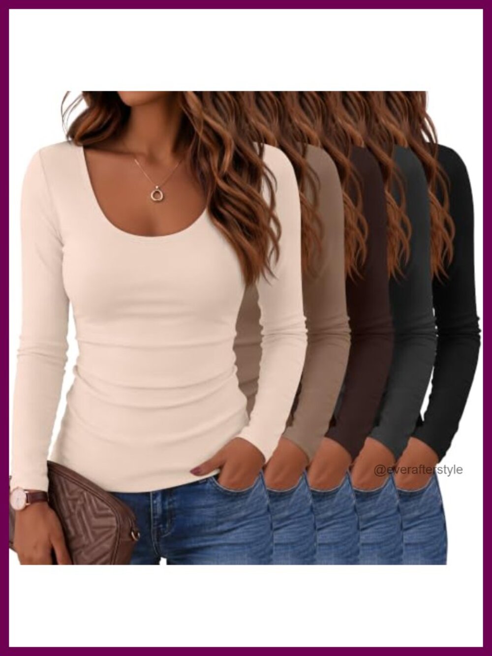 Women's 5 Pack Long Sleeve Fitted Scoop Neck T-Shirts Stretch Tees